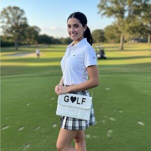 Beaded Handmade Handstitched White Blue Golf Women's Bag Gold Chain Clutch Purse